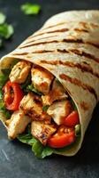 Grilled chicken wrap filled with fresh vegetables served on a rustic dark surface photo