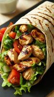 Grilled chicken wrap filled with fresh vegetables served on a wooden board photo