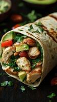 Delicious chicken burrito filled with fresh vegetables served on a wooden table photo