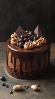 Decadent chocolate cake topped with cream and coffee beans on a dark background photo