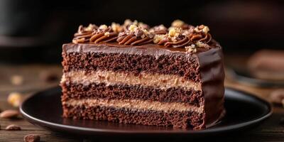Indulgent chocolate cake served on a dark plate with rich layers and creamy frosting at a cozy cafe during afternoon hours photo