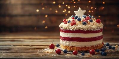 Celebratory red, white, and blue cake with fresh berries on rustic wooden table during summer gathering photo
