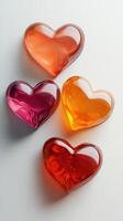 Colorful heart-shaped candies arranged on a smooth surface in bright colors, perfect for celebrating love and affection photo