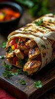 Grilled chicken wrap with colorful vegetables served on wooden board at cozy dining setting photo
