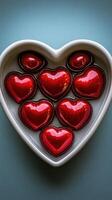 Collection of red chocolate hearts arranged in a heart-shaped dish on a blue surface photo
