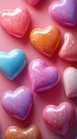 Colorful heart-shaped soap bars arranged on a pink background create a cheerful and vibrant display for celebrations photo