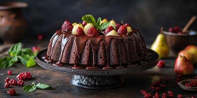Delicious chocolate cake adorned with fresh raspberries and pears displayed on an elegant platter in a dark setting photo