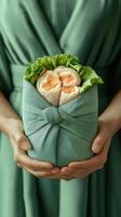 Freshly prepared sushi rolls wrapped in green fabric held by a person, showcasing vibrant colors and textures photo