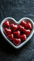 Colorful red heart-shaped candies displayed in a decorative white bowl on a textured dark surface photo
