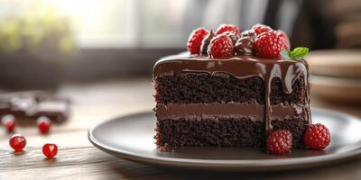 Chocolate cake slice garnished with fresh raspberries presented on a plate in a cozy setting photo
