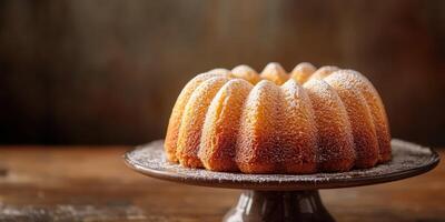 Perfectly baked bundt cake with a light dusting of powdered sugar on a rustic wood table photo