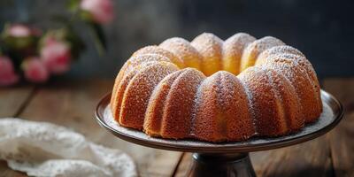 Delicious bundt cake dusted with powdered sugar on a rustic wooden table surrounded by flowers in soft lighting photo
