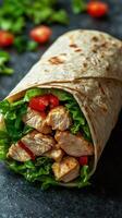 Delicious grilled chicken wrap with fresh vegetables served on a dark stone background photo