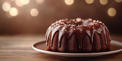 Chocolate bundt cake with shiny glaze and festive decorations on wooden table under soft lighting photo
