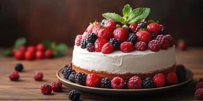 Delicious berry cake topped with fresh raspberries, blackberries, and mint leaves on a rustic wooden table photo