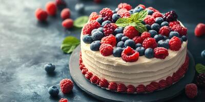 Delightful berry cake decorated with fresh raspberries and blueberries on a dark surface photo