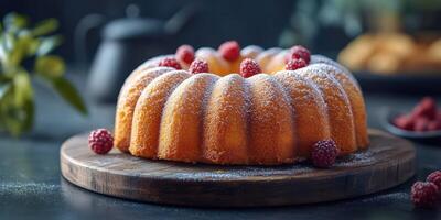 Delicious bundt cake topped with fresh raspberries on a wooden serving board photo