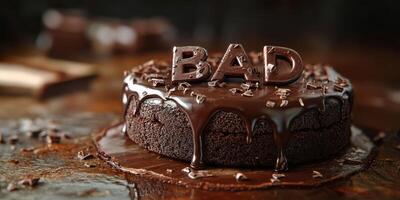 Chocolate cake with bad written on top and dripping icing displayed in a rustic setting photo