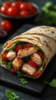 Delicious grilled chicken wrap filled with fresh vegetables served on a dark slate plate photo