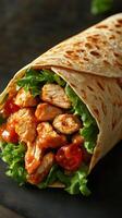 Delicious grilled chicken wrap with fresh lettuce and tomatoes on a dark background photo