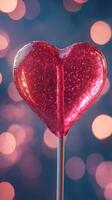 Heart-shaped lollipop sparkles against a backdrop of colorful bokeh lights photo
