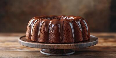 Delicious chocolate bundt cake on a wooden serving platter in a warm, cozy setting photo