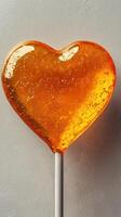 Heart-shaped lollipop glistens under natural light showcasing its vibrant orange hue and sweet allure photo