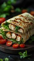 Delicious wraps filled with grilled chicken and fresh vegetables prepared in a cozy kitchen setting photo