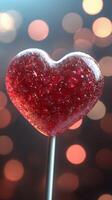 Heart-shaped candy lollipop shines brightly against a colorful bokeh background at a festive celebration photo