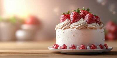 Beautifully decorated strawberry cream cake on a wooden table with soft lighting photo