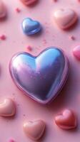 Colorful heart-shaped candies scattered on a pink background create a cheerful atmosphere for celebrations and treats photo