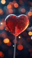 Bright red heart-shaped candy on a stick with sparkling bokeh background during festive celebration photo