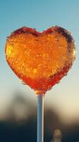 Heart-shaped lollipop sparkling with bubbles against a clear blue sky at sunset captures the essence of sweetness and joy photo