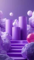 Modern abstract landscape with purple forms and spheres in a surreal setting photo