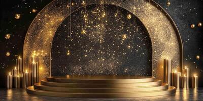Stunning golden stage setup adorned with sparkling lights creates an enchanting atmosphere for performances or events photo