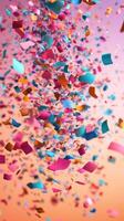 Colorful confetti floats through the air in a vibrant spectacle during a festive celebration at dusk photo