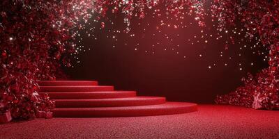 Red carpet stage with floral decorations and twinkling lights creating an elegant atmosphere for an event or celebration photo