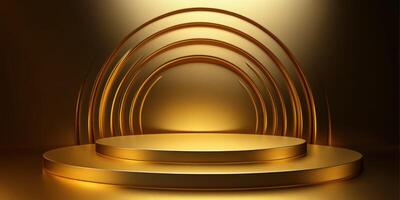 Elegant golden display stage with circular elements, perfect for presentations or events in a luxurious setting photo