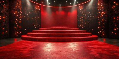 Stage design with red lighting and textured backdrop creating a dramatic atmosphere for performances photo