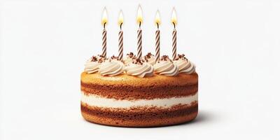 Single layered cake with five candles lit on top, perfect for birthday celebrations or special occasions photo