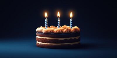 Chocolate cake with three lit candles celebrating a special event photo