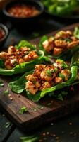 Savory chicken bites served in fresh lettuce wraps topped with herbs on a wooden platter photo
