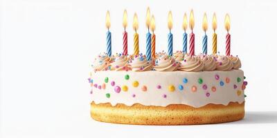 Colorful birthday cake with candles and sprinkles ready for celebration in a bright setting photo