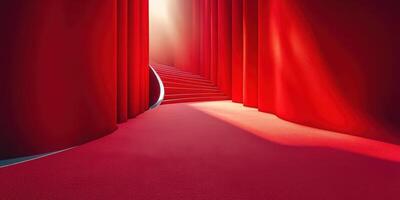 Dramatic red curtains and illuminated stairs create a stunning entryway in a theater setting photo