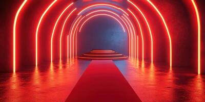 Red neon illuminated hallway with a red carpet leading to a stage in a futuristic setting photo