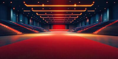 Modern concert hall featuring red carpet and illuminated seating in a spacious venue photo