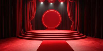 Elegant red stage setup with circular backdrop and rich curtains for a formal event photo