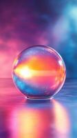 Vivid glass orb reflecting colorful lights on a smooth surface during a creative photography session photo