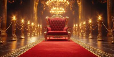 Luxurious red throne in an opulent gold-lit hall with intricate decor and elegant lighting photo