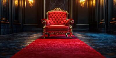 Elegant red velvet chair on a red carpet in a luxurious hallway with ornate decor and warm lighting photo